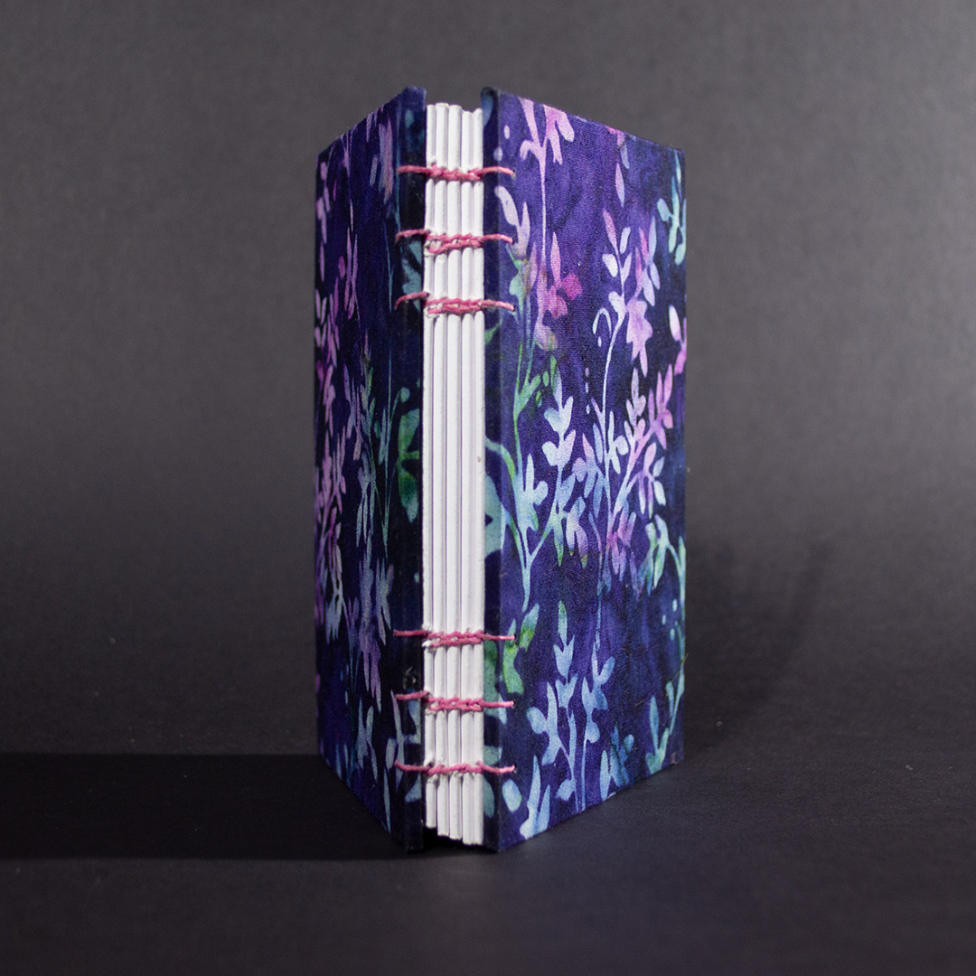 Blue Batik Vines octavo Coptic bound journal spine view