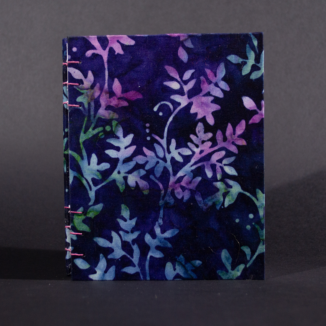 Blue Batik Vines octavo Coptic bound journal front cover