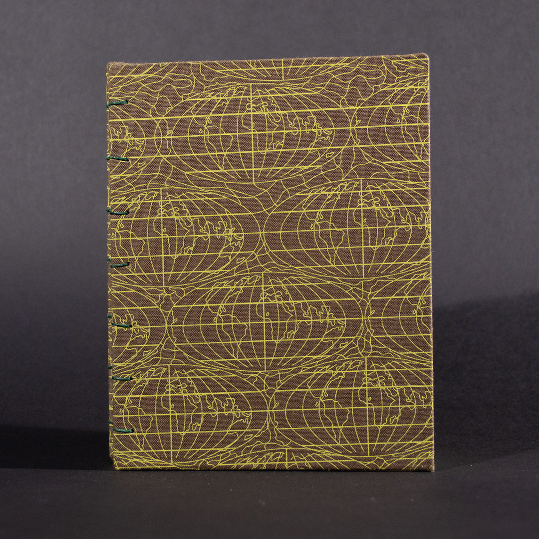 Brown globe octavo Coptic bound journal front cover view