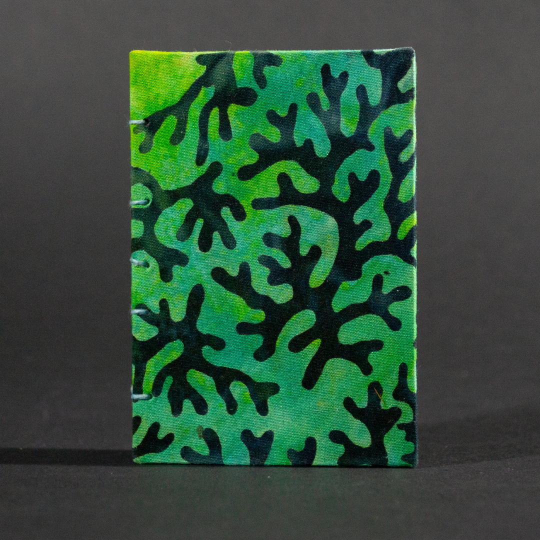 Front cover of blue coral batik mini Coptic book