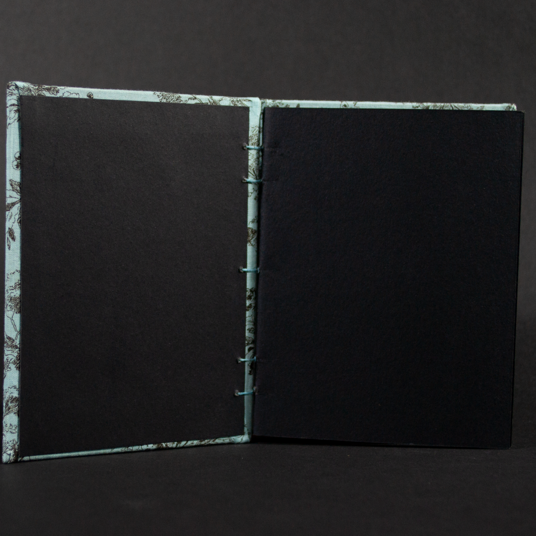 Inside of blue toile octavo Coptic book with matching black cardstock and end pages