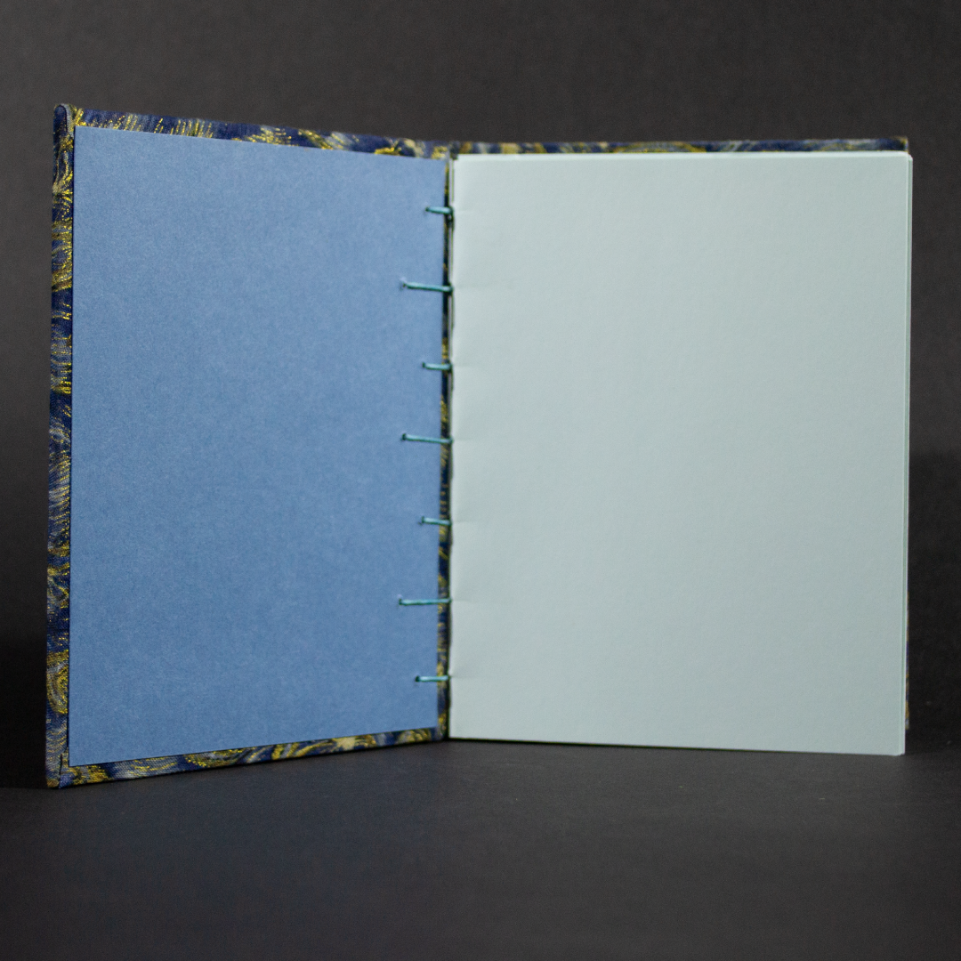 Insides of peacock octavo Coptic book with light blue cardstock pages and blue end pages