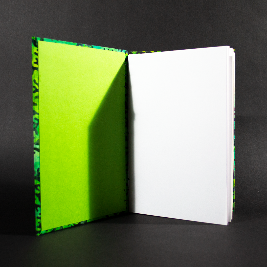 Inside shot of blue coral batik quarto Coptic book showing green end pages and white text pages