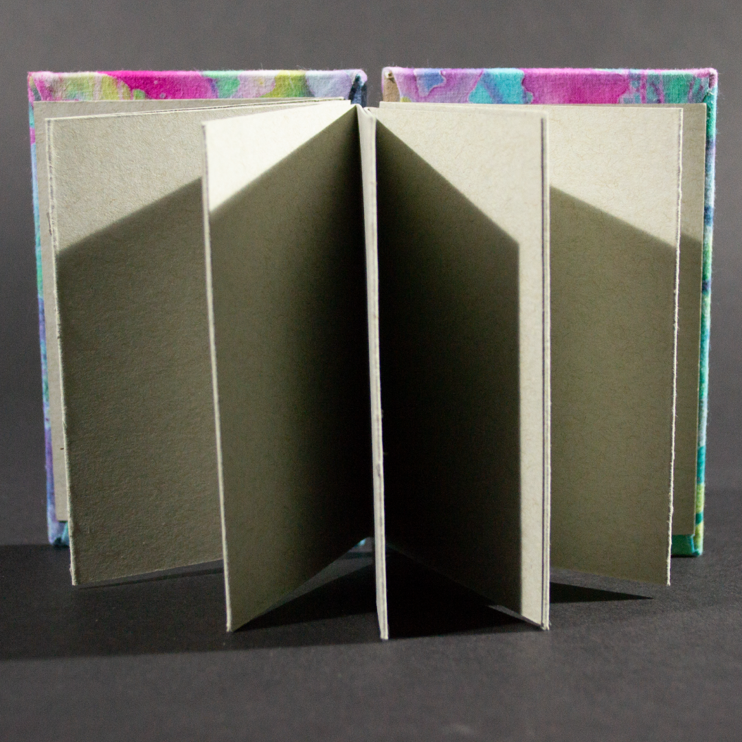 Gray insides of the blue batik medium accordion book
