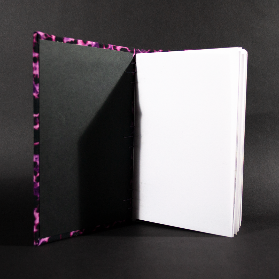 Black end pages and white cotton text pages are inside the purple batik quarto Coptic bound journal