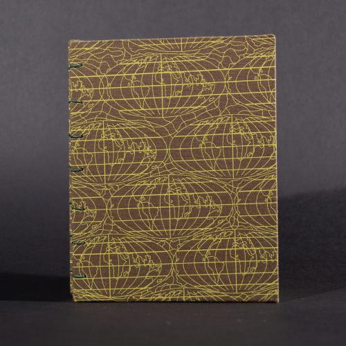 Brown globe octavo Coptic bound journal front cover view