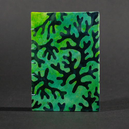 Front cover of blue coral batik mini Coptic book