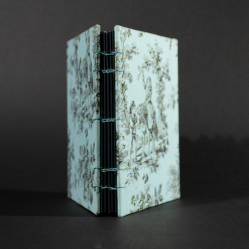 Spine of blue toile octavo Coptic book